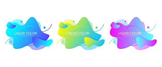 Conjunto de elementos de diseño gráfico moderno en forma de gotas fluidas con líneas geométricas. Gradiente de formas geométricas azules y verdes, rojas y violetas. Mancha líquida con color dinámico para flyer, presentación.