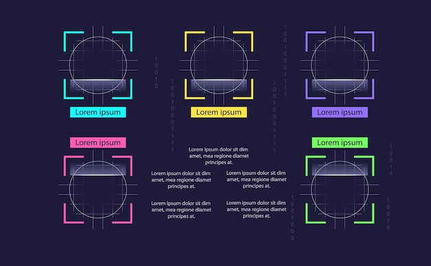 Conjunto de elementos de diseño de gráficos infográficos de tecnología biométrica. Símbolos vectoriales abstractos para infochart con espacios de copia en blanco. Kit con formas para gráficos instructivos. Presentación de datos visuales