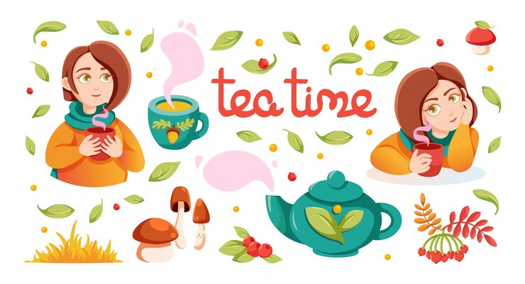 Vector conjunto de elementos de diseño lindos y acogedores concepto de otoño personaje de una chica con una bebida caliente