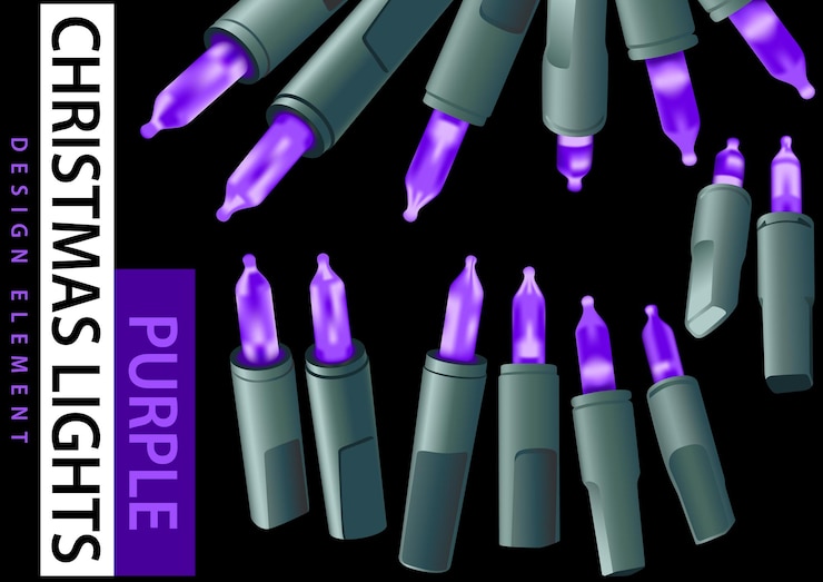 Vector conjunto de elementos de diseño de luces led navideñas de color púrpura en varias posiciones para diseñadores gráficos