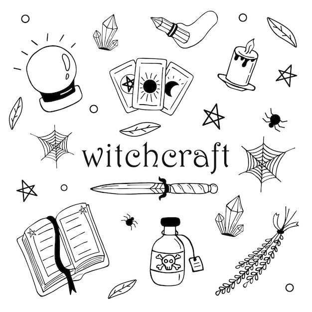 Conjunto de elementos de diseño mágico de bruja vectorial. Dibujado a mano, garabato, colección de magos de bocetos. símbolos de brujería