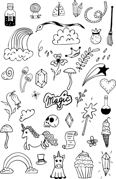 Conjunto de elementos de diseño mágico de bruja vectorial. Garabato dibujado a mano
