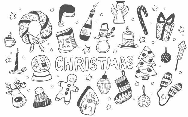 Conjunto de elementos de diseño de Navidad en estilo de dibujo Iconos de línea vectorial