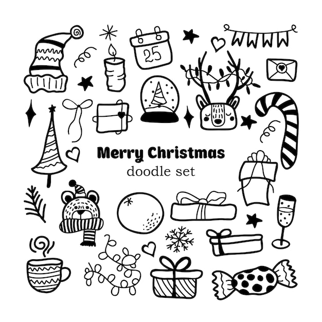 Conjunto de elementos de diseño de Navidad en estilo doodle
