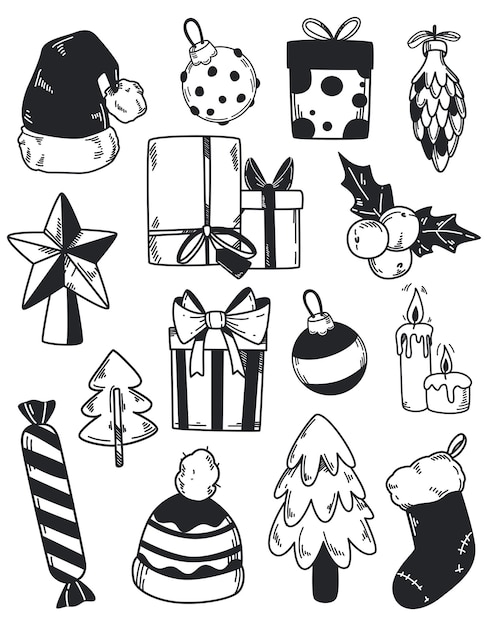 Conjunto de elementos de diseño navideño en estilo doodle.