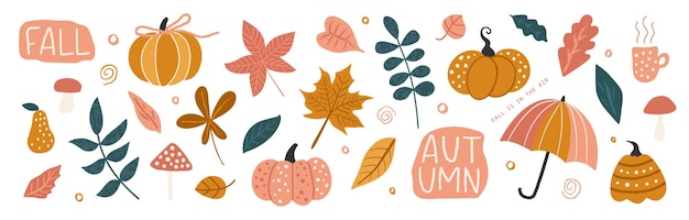 Conjunto de elementos de diseño de otoño colección de ilustraciones planas de hojas calabazas setas