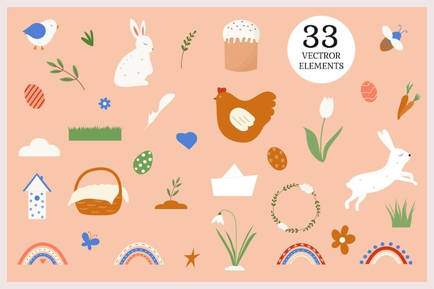 Conjunto de elementos de diseño de Pascua huevos pollo mariposa conejo tulipanes flores ramas de sauce canasta