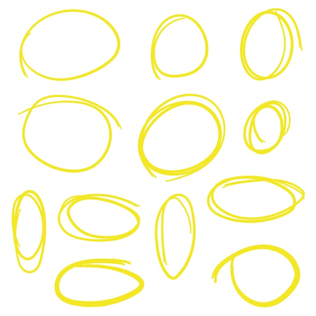 Conjunto de elementos de diseño de resaltador de círculo amarillo dibujado a mano de forma redonda grunge