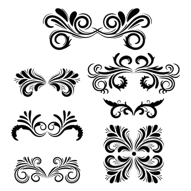 Conjunto de elementos de diseño rizado negro abstracto aislado sobre fondo blanco Divisores Remolinos