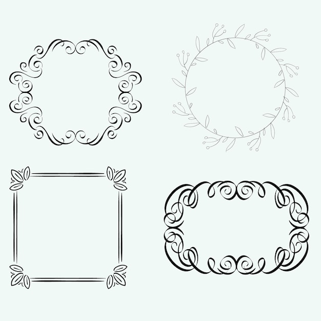 Conjunto de elementos de diseño vectorial de marco de borde de línea dibujado a mano plantilla para invitación o tarjeta de felicitación