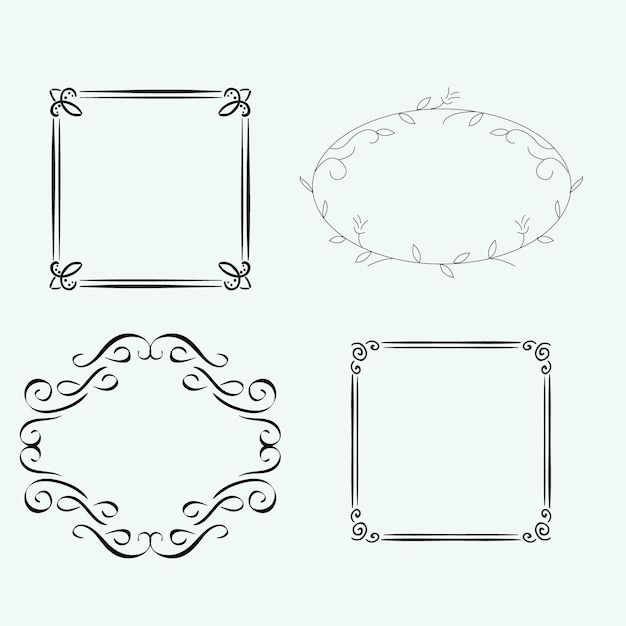 Conjunto de elementos de diseño vectorial de marco de borde de línea dibujado a mano plantilla para invitación o tarjeta de felicitación