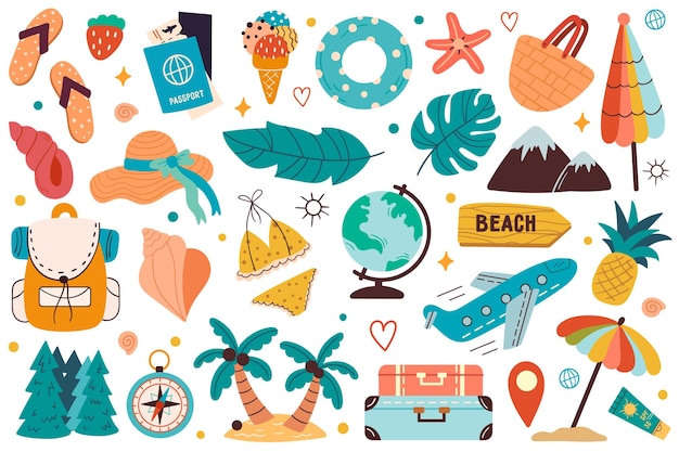 Conjunto de elementos de diseño de viaje Concepto de vacaciones de vacaciones de turismo con equipaje y plantas tropicales Ilustración vectorial