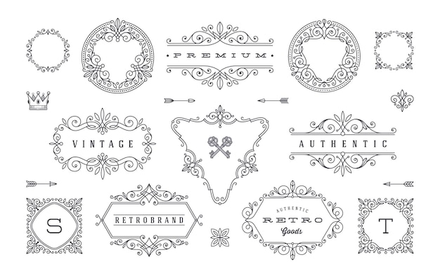 Conjunto de elementos de diseño vintage Flores y marcos ornamentales divisores de fronteras pancartas