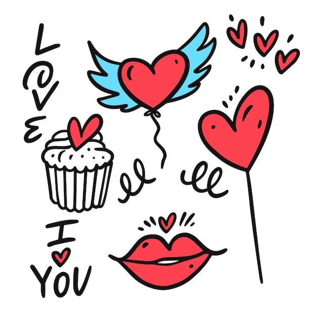 Conjunto de elementos de doodle de amor y día de San Valentín dibujados a mano