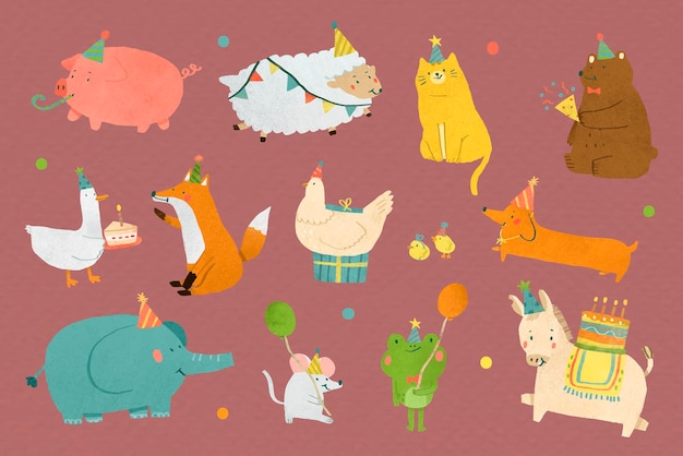 Conjunto de elementos de doodle de animales festivos vector