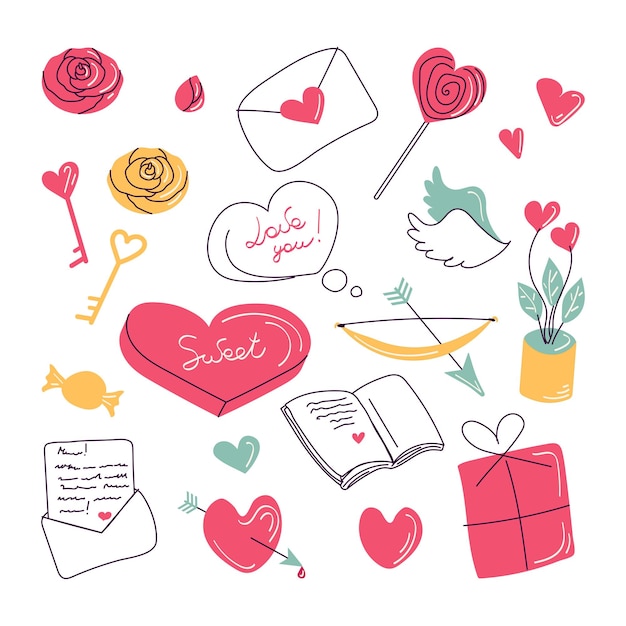 Conjunto de elementos de doodle del día de San Valentín ilustración vectorial