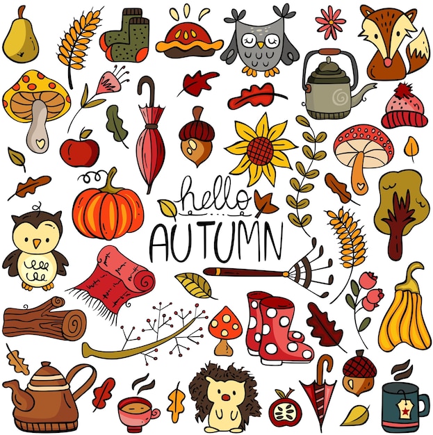 Conjunto de elementos de doodle dibujados a mano sobre el otoño