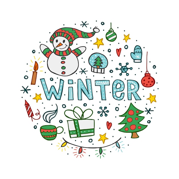 Conjunto de elementos de doodle de invierno. Objetos coloridos dibujados a mano en forma de círculo sobre un fondo blanco. Feliz navidad y próspero año nuevo 2022.