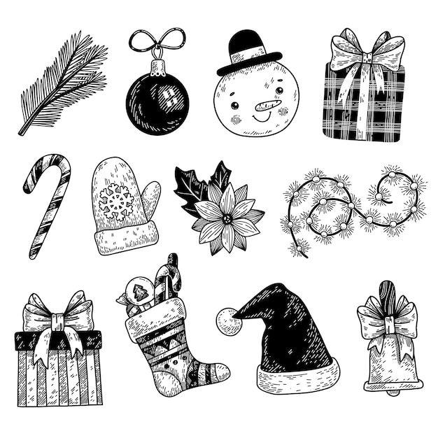 conjunto de elementos de doodle de Navidad aislado en blanco