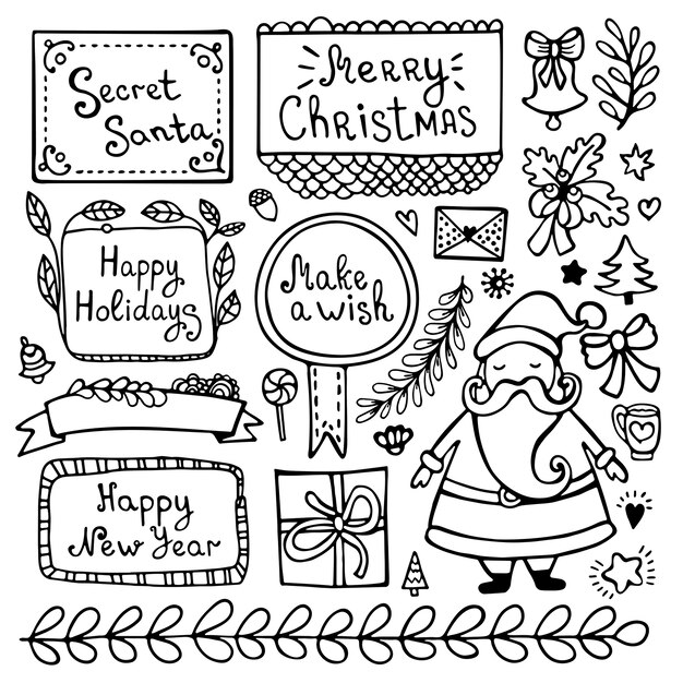 Conjunto de elementos de doodle de Navidad, año nuevo e invierno dibujados a mano lindo aislado