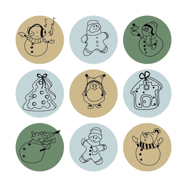 Conjunto de elementos de doodle de navidad e invierno dibujados a mano en vector Colección festiva aislada sobre fondo blanco Diseño para iconos botones vacaciones Regalos árboles pastelería presenta pan de jengibre
