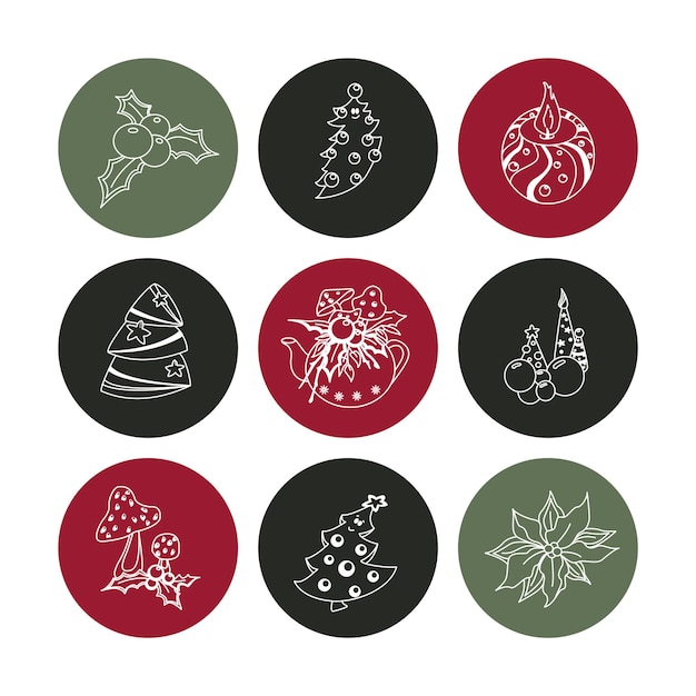 Conjunto de elementos de doodle de navidad e invierno dibujados a mano en vector colección festiva aislada sobre fondo blanco diseño para iconos botones vacaciones regalos árboles pastelería presenta pan de jengibre