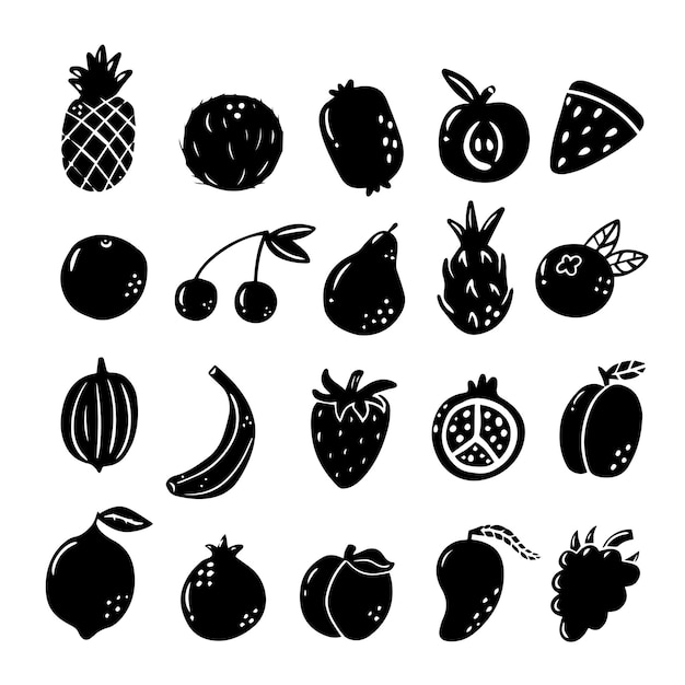 Vector conjunto de elementos de doodle negro de frutas dibujadas a mano