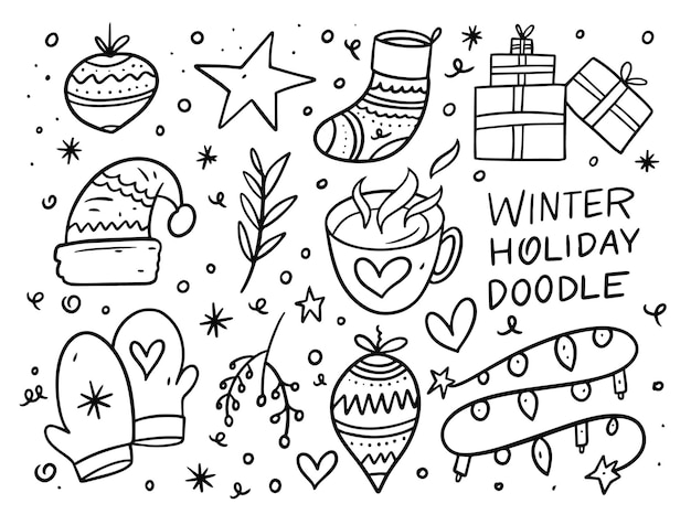Conjunto de elementos de doodle de vacaciones de Navidad. De tinta negro. Aislado sobre fondo blanco.
