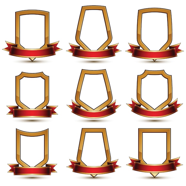Conjunto de elementos dorados glamurosos vectoriales geométricos aislados en fondo blanco, medallones pulidos en 3d, escudos de protección con cinta roja. Colección de símbolos decorativos de marca.