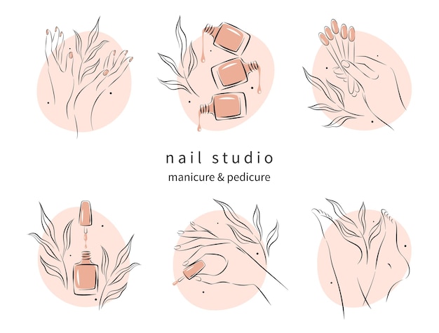 Conjunto de elementos e iconos para estudio de uñas.