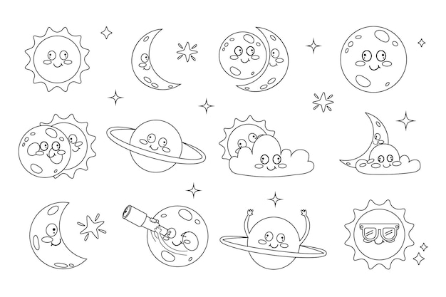 Conjunto de elementos de eclipse solar kawaii en estilo de dibujos animados planos