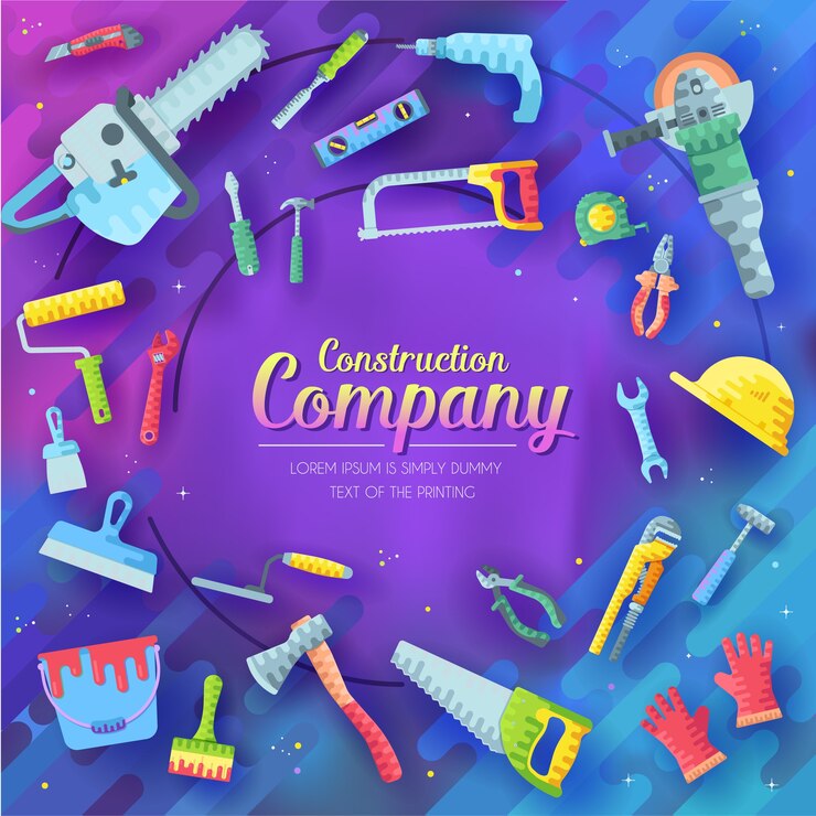 Vector conjunto de elementos de la empresa de construcción diferentes en púrpura abstracto. elementos de los iconos de herramientas de trabajo.