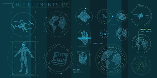 Un conjunto de elementos de escaneo 3d de hud para una interfaz futurista.