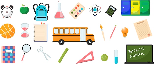 Conjunto de elementos escolares Ilustración plana vectorial en estilo dibujado a mano Regreso a la escuela