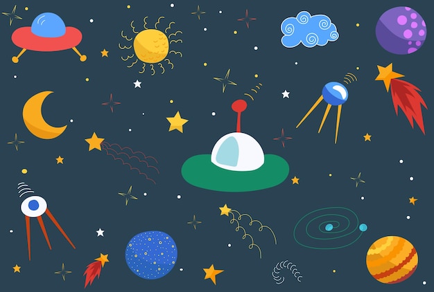 Conjunto de elementos espaciales en diseño plano en el fondo del vector de cielo estrellado