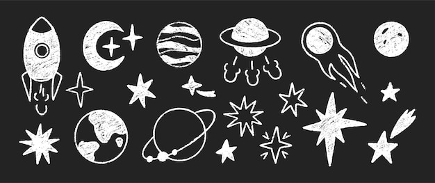 Conjunto de elementos del espacio con planetas estrellas y sol lápiz de lápiz o tiza textura