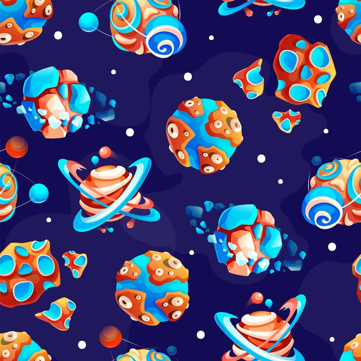 Vector conjunto de elementos de espacio plano asteroide de atracción atómica de patrones sin fisuras con círculo de satélites meteorito con cráteres planeta gravitación cuerpos universales para juego en fondo oscuro