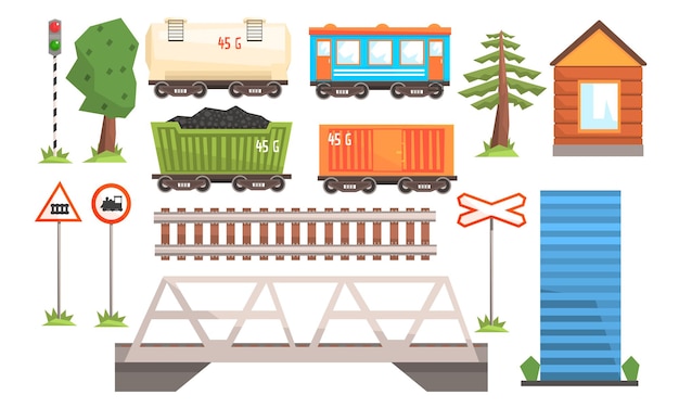 Vector conjunto de elementos de la estación ferroviaria señalización vial de transporte ferroviario de pasajeros y mercancías vector de puente