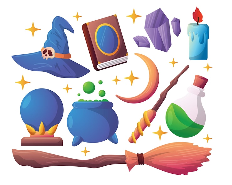 Vector el conjunto de elementos de estilo plano de black magic wizard fantasy