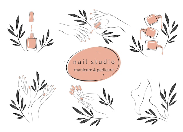 Conjunto de elementos para estudio de uñas Esmalte de uñas cepillo de uñas manos y piernas femeninas cuidadas