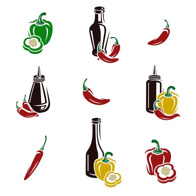Conjunto de elementos de etiquetas de chile y pimienta Colección icono pimienta Vector