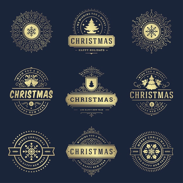 Conjunto de elementos de etiquetas e insignias de Navidad. Feliz navidad y próspero año nuevo desea objetos de decoración de tipografía retro para tarjetas de felicitación, adornos vintage.