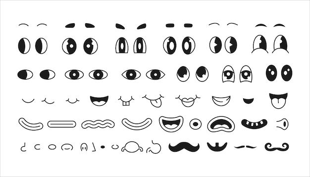 Vector conjunto de elementos faciales de dibujos animados funky