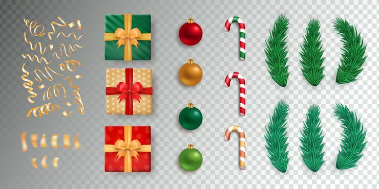Vector conjunto de elementos festivos en 3d cajas de regalo de confeti dorado árbol de navidad bolas de navidad caña de caramelo