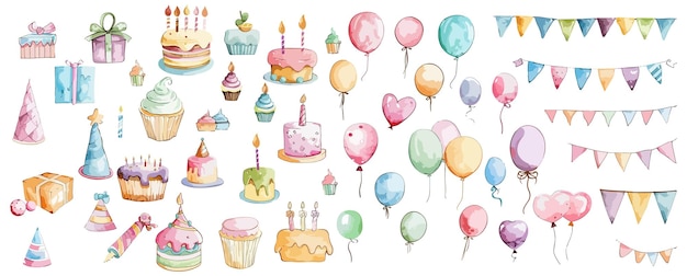 conjunto de elementos de la fiesta de cumpleaños acuarela ilustración vectorial aislada en fondo transparente