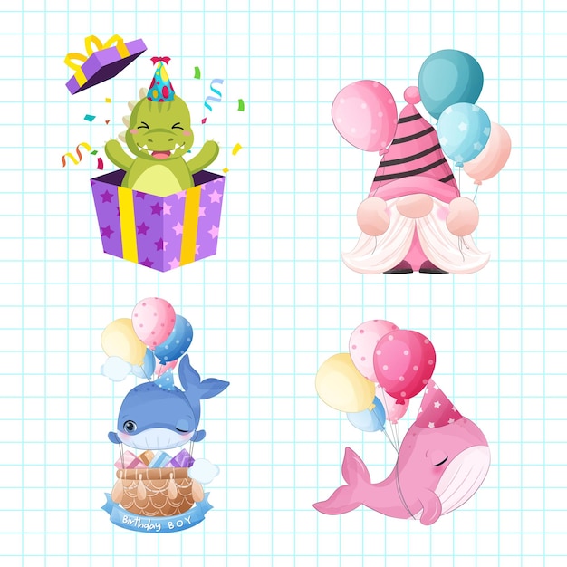 Conjunto de elementos de fiesta de cumpleaños Animales de dibujos animados lindo Ilustración vectorial