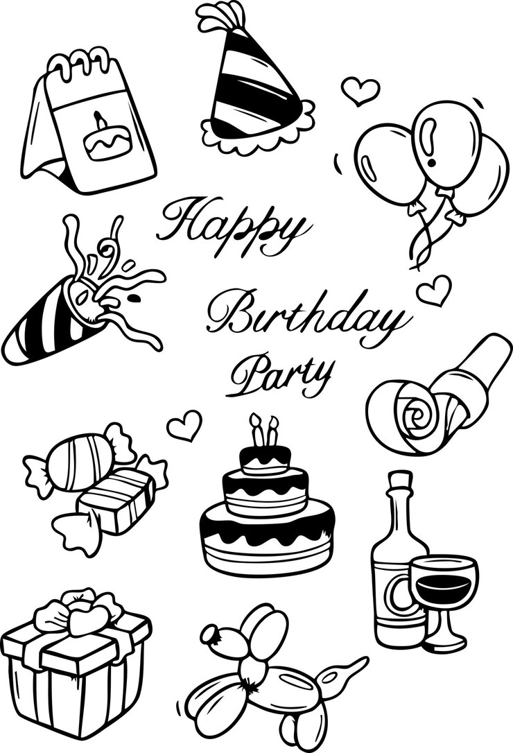 Vector conjunto de elementos de la fiesta de cumpleaños para colorear