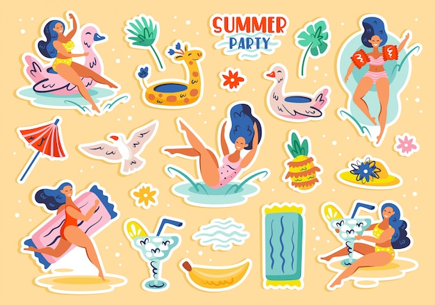 Conjunto de elementos de fiesta de verano, imágenes prediseñadas. Fiesta en la piscina de verano junto al mar. Mujeres jóvenes, bebidas, frutas, animales, ropa. Etiqueta engomada del icono de ilustración plana aislada