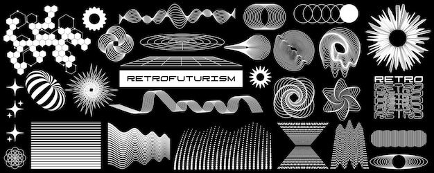 Conjunto de elementos de figuras de formas geométricas en el moderno estilo cibernético neofuturista Estética de los 2