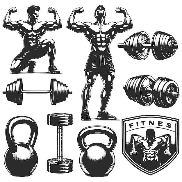 Conjunto de elementos de fitness de gimnasio